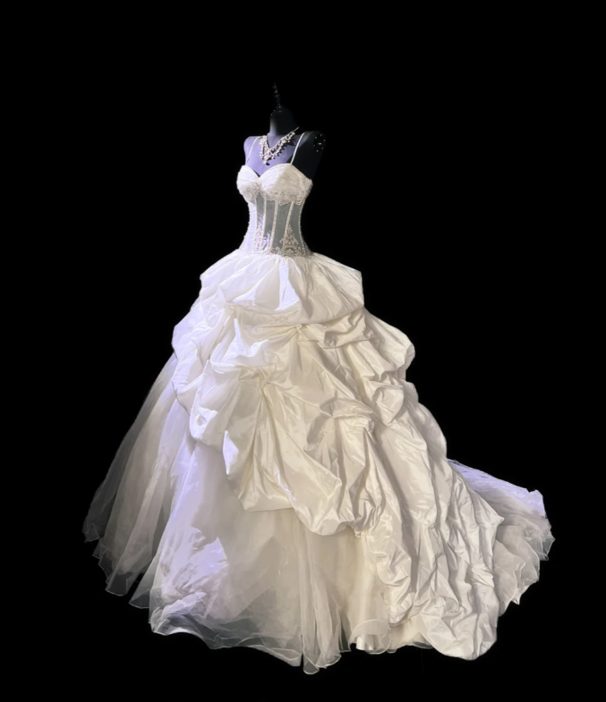 Pretty Spaghetti Straps Tulle Satin Pleated Beaded White Formal Wedding Dress Bridal Dress