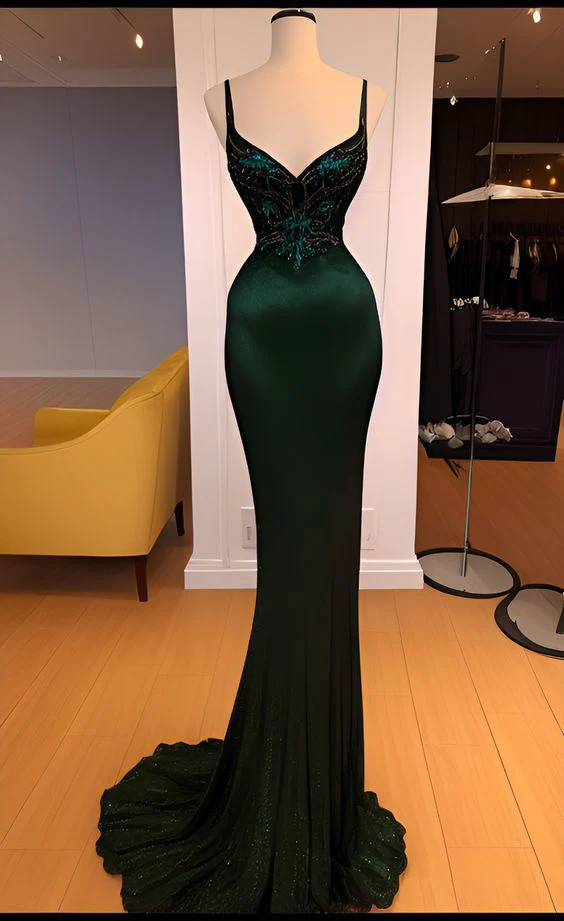 Vintage Dark Green Satin Mermaid Beaded Prom Evening Dress Long Party Dress