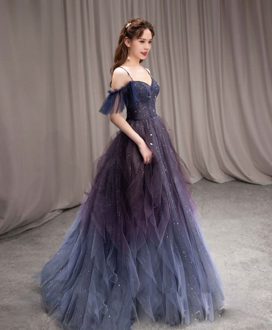 Dark starry sky purple tulle long prom dress purple evening dress BD19