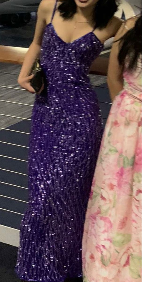 Sexy Spaghetti Straps Purple Sequins Evening Dress Sheath Long Party Prom Dress