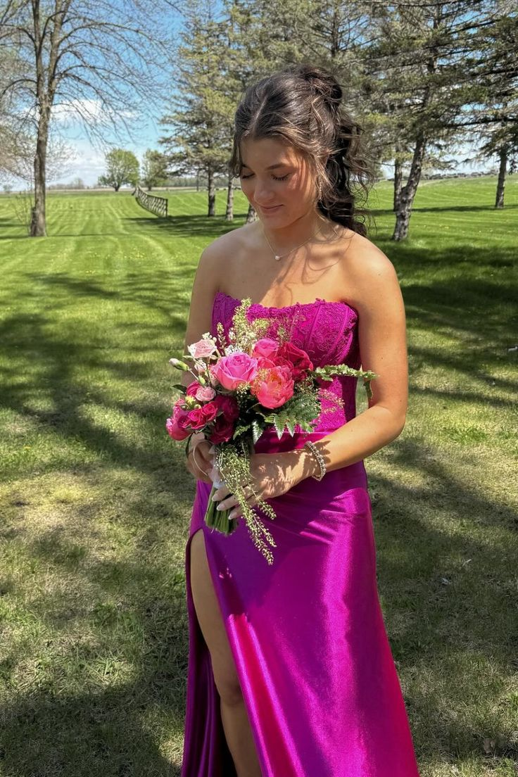 Elegant Strapless Fuchsia Lace Satin Mermaid Party Dress Slit Prom Dress