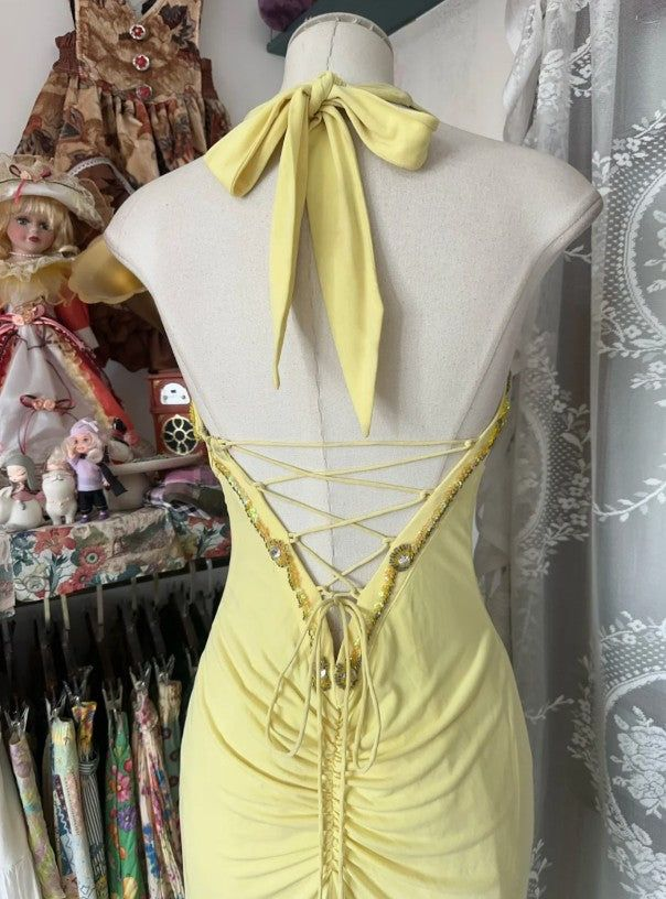 Elegant Yellow Halter Satin Beaded Sequins Evening Dress,Long Mermaid Party Prom Dress