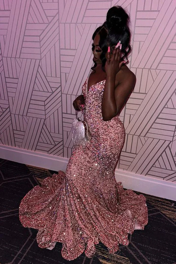 Pink Sequin Mermaid Evening Dress Strapless Long Prom Dress