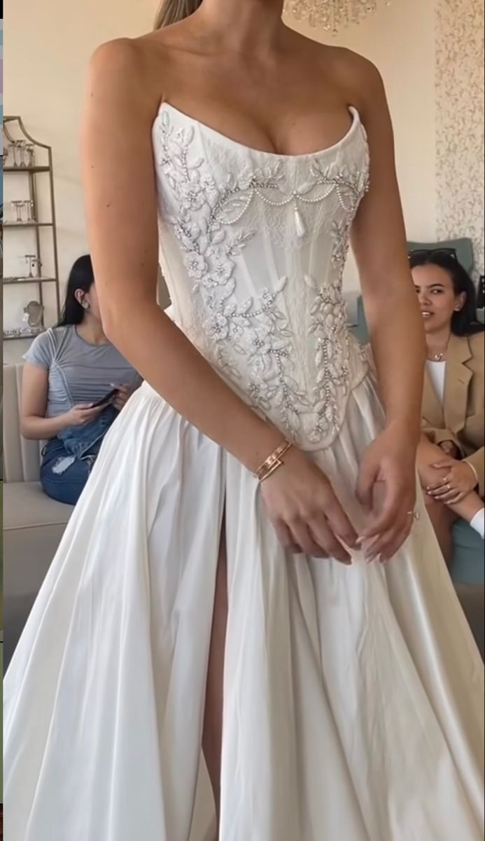 Charming Beaded Satin A Line Slit Prom Dress White Wedding Dress