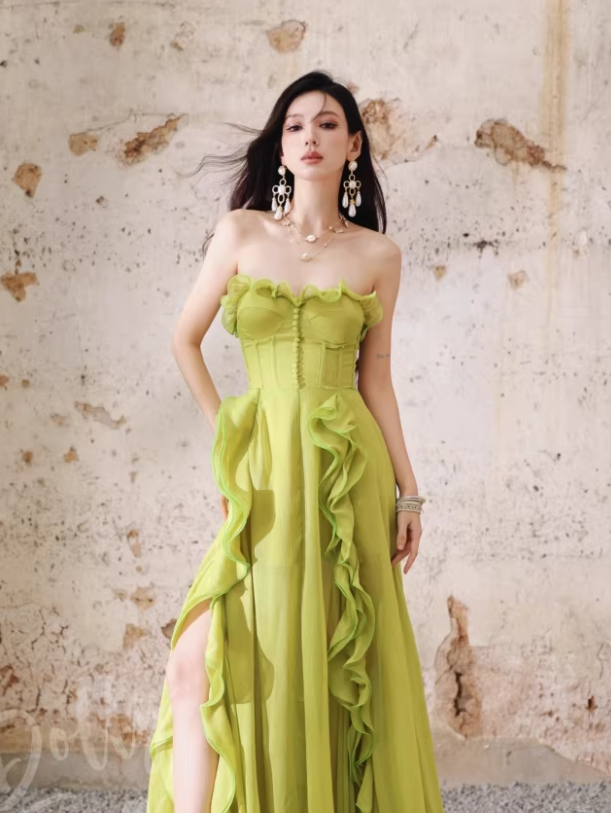 Pretty Green Strapless Chiffon Ruffled Long Evening Dress Birthday Dress