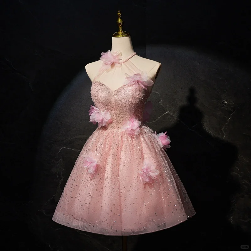 Shiny Halter Pink Tulle Sequin Flowers Short Homecoming Dress A Line 20th Birthday Outfits