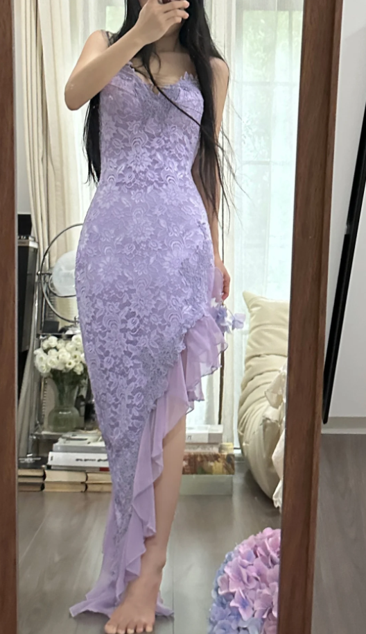 Pretty Spaghetti Straps Lavender V Neck Lace Chiffon Ruffles Long Party Dress Birthday Dress