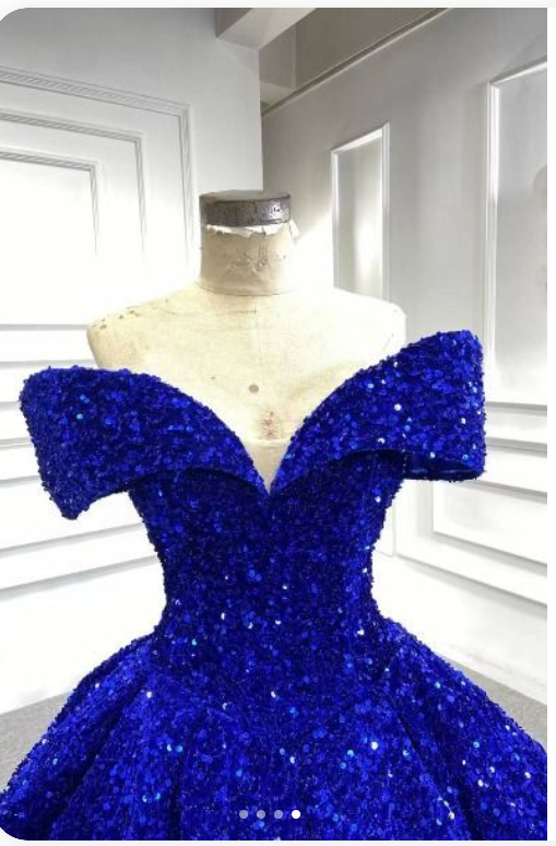 Royal blue sequin prom ball gown sweet 16 dress off the shoulder princess Quince dress