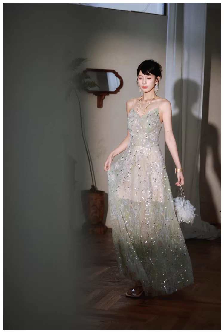Pretty Spaghetti Straps Green Tulle Appliques A Line Long Birthday Prom Dress Evening Dress