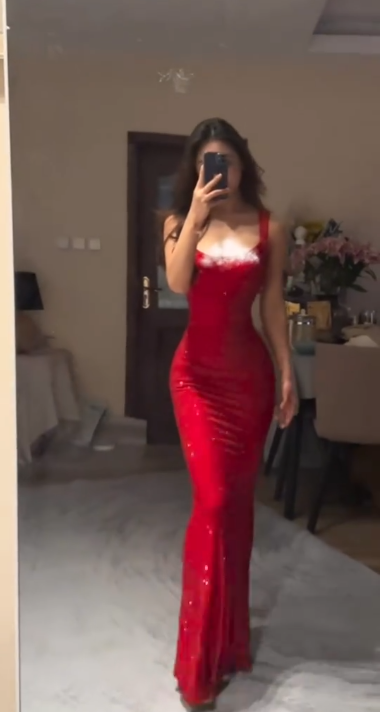 Shiny Red Spaghetti Straps Satin Sequin Mermaid Evening Dress Long Wedding Guest Dress