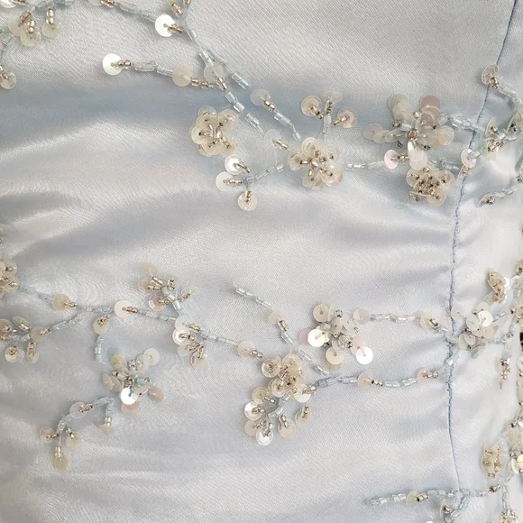 Elegant Light Blue Tulle Sequins Beaded Evening Dress Layered A Line Party Prom Dress