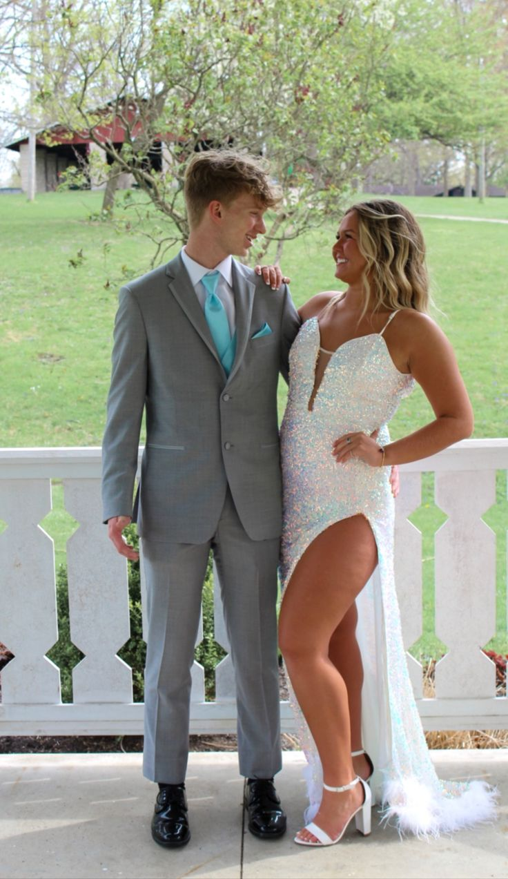 Glitter White Sequins Prom Dress With Hem Feathers