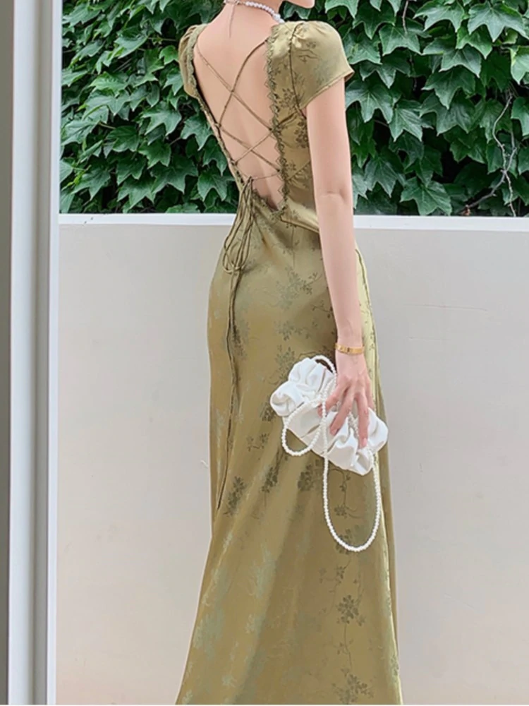 Summer Elegant Women Satin Backless Short Sleeve Lace Sexy Bandage Vintage Bodycon Vestidos Female Fashion Robe New Prom Dress