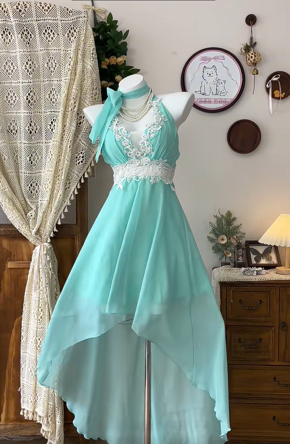 Vintage Hi-Low Chiffon Appliques Party Dress A Line Homecoming Dress