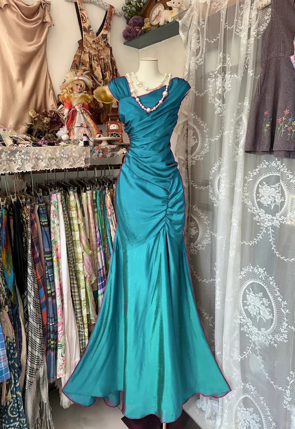 Mermaid Pleats Vintage Prom Dress Long Evening Dress