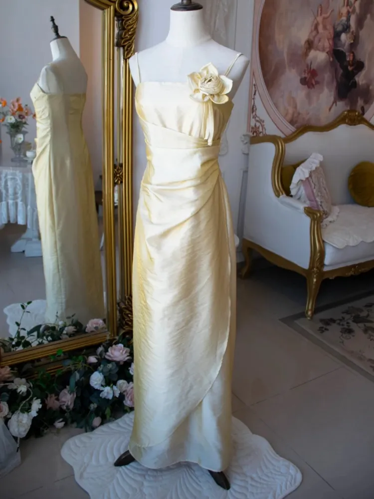 Vintage Yellow Floral Embellished Evening Gown Fairy Princess Party Evening Dress