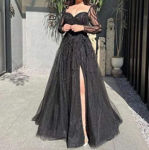 Luxurious Blue Slit Long Party Dress Evening Dress With Feathers