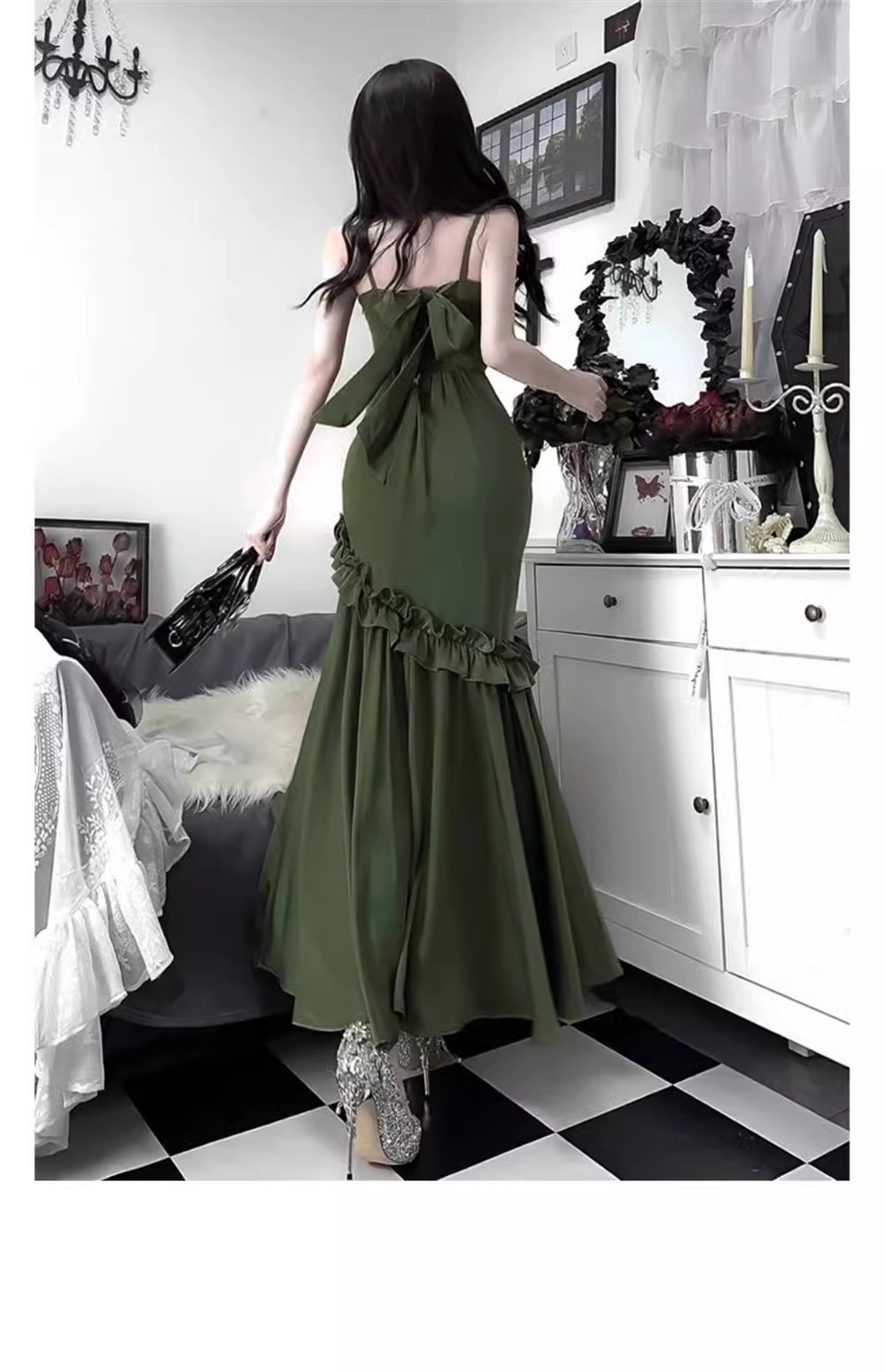 Chic Mermaid Straps Green Long Ruffles Prom Dresses Birthday Dress