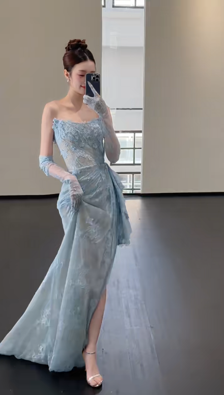 Blue Lace Mermaid Long Prom Dress Sexy Evening Dresses With Side Split