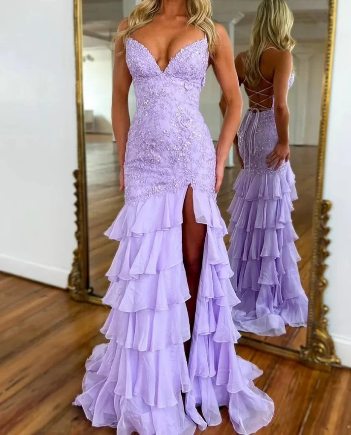 Stunning Lilac Mermaid Spaghetti Straps Silt Prom Dress Backless Lace Applique Evening Dress with Ruffles