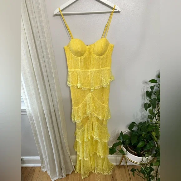Sexy Yellow Lace Layered Slit Prom Dress Spaghetti Straps Long Party Evening Dress