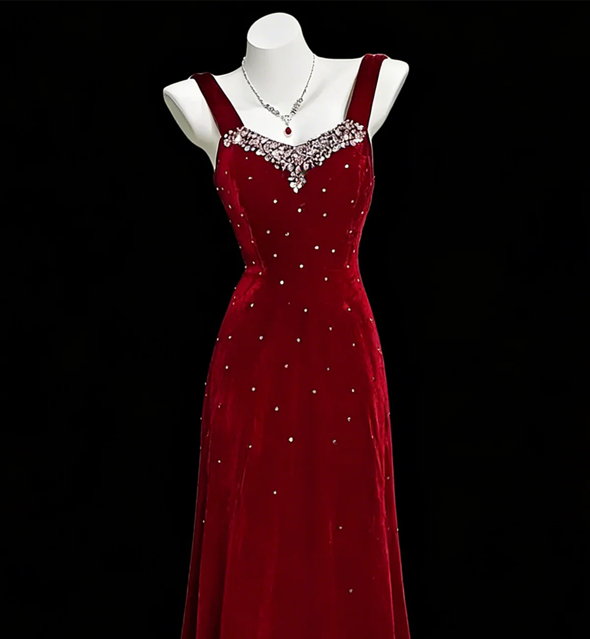 Wine Red Beaded A-line Velvet Straps Prom Dress, Wine Red Velvet Party Dress