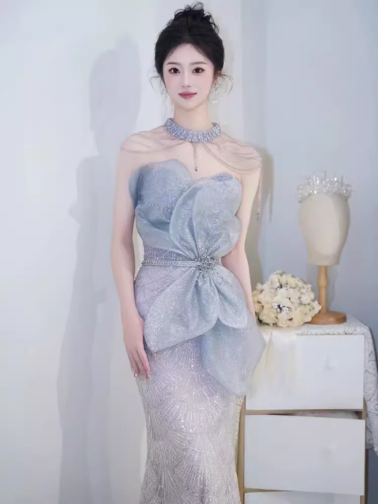 Mermaid High Neckline Sequin Long Evening Dress Beads Prom Dress