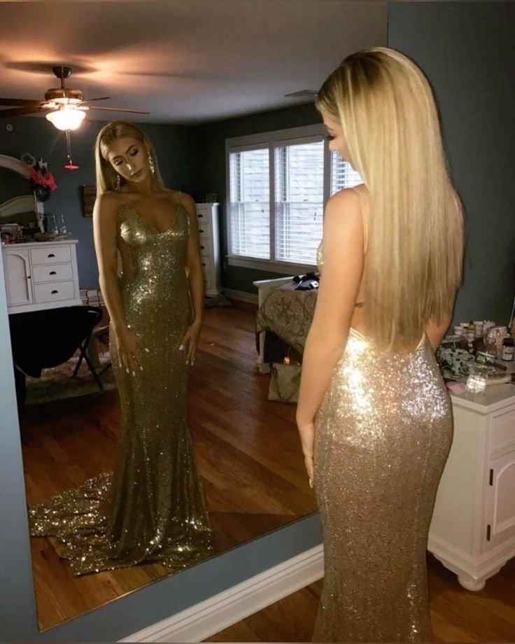 Sexy Mermaid Long Prom Party Dress Backless Gold Evening Dress