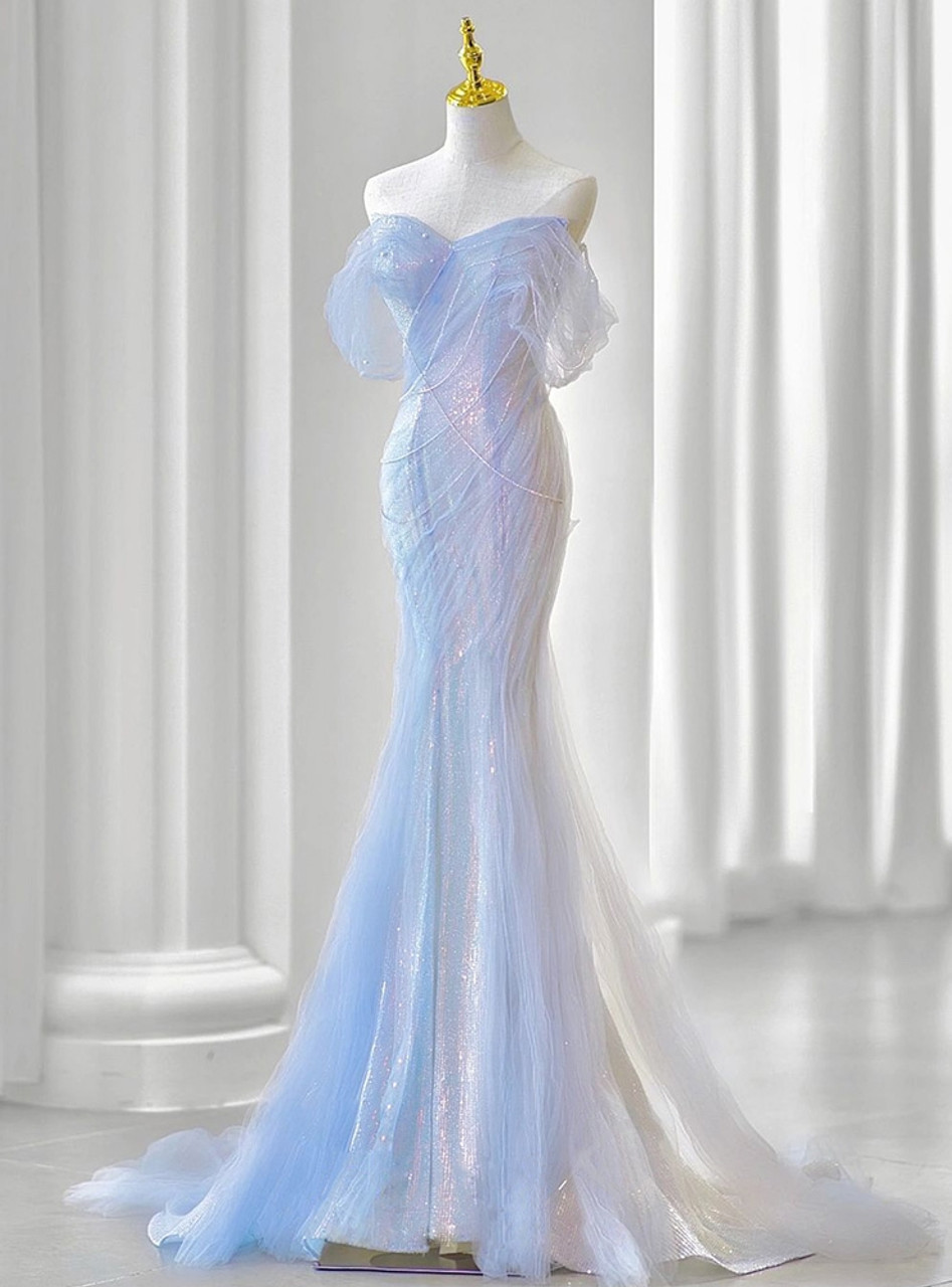 Glitter Mermaid Sequins Tulle Pleats Prom Dress Party Evening Dress