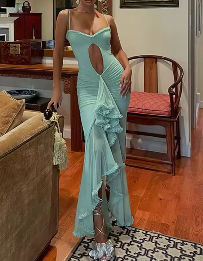 Chic Spaghetti Straps Tulle Chiffon Evening Dress Sexy Pleated Party Dress