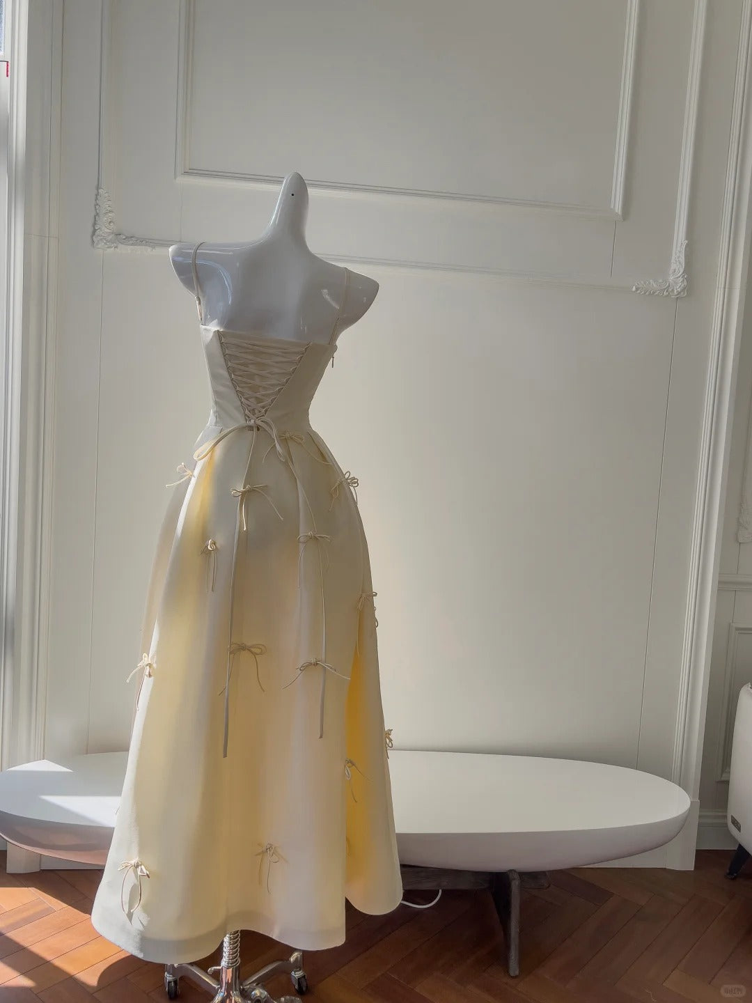 Sweet Light Yellow A-line Spaghetti Strap Bow Satin Long Prom Dress Evening Dress Bridesmaid Dress