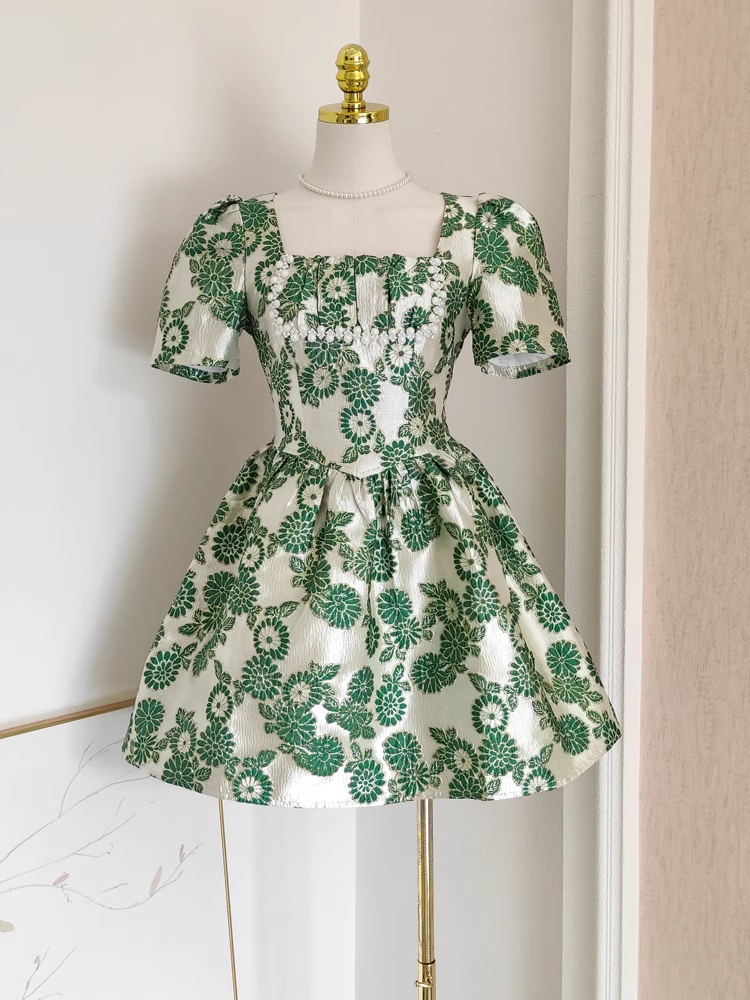 Cute A line Short Sleeves Satin Green Floral Cocktail Dress Short Birthday Outfits