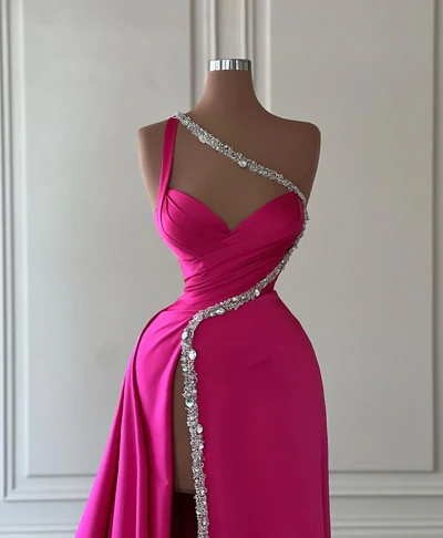 Gorgeous Hot Pink Pleated Satin Prom Party Dress Slit Evening Dress