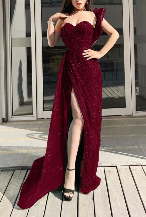 Emerald Green Sweetheart One-Shoulder Sequins Beading Evening Dress Mermaid Prom Dress With Split