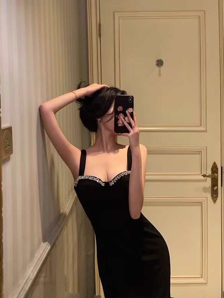 Chic Sheath Straps Black Satin Prom Dresses With Beads Birthday Dress