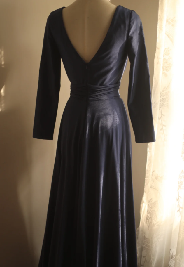 Elegant V Neck Navy Blue Satin Mermaid Long Wedding Guest Dress Formal Birthday Evening Dress