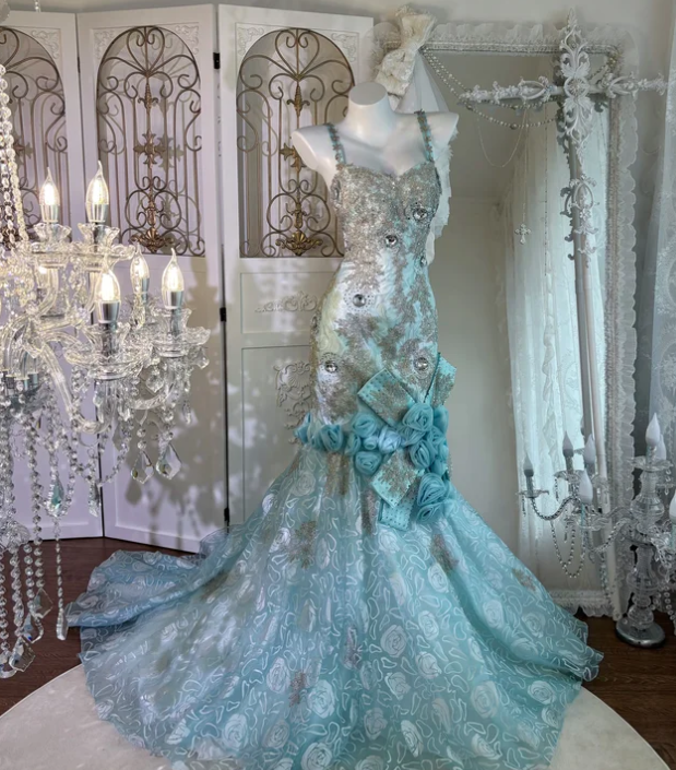 Blue Mermaid Lace Prom Party Dress Evening Dress Birthday Dress