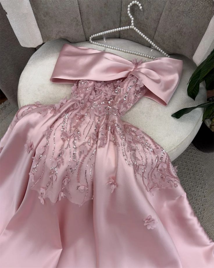 Gorgeous Off The Shoulder Apliques Beaded Evening Dress Pink Party Dress Ball Gown