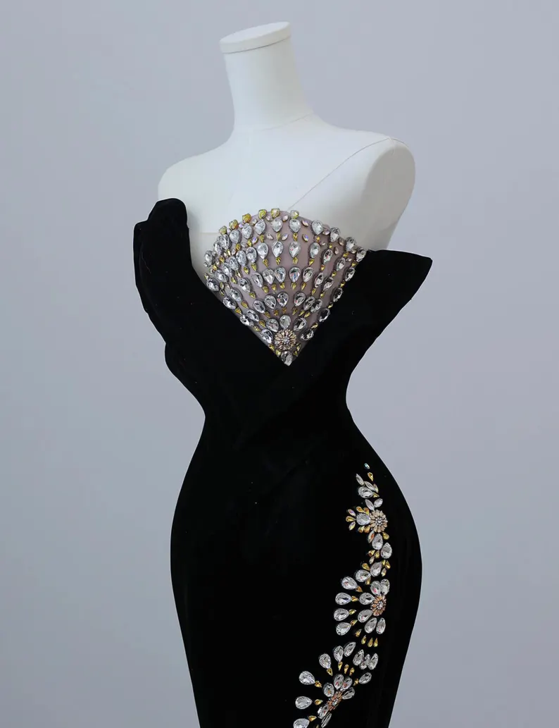 Black Velvet Beaded Prom Dress Formal Mermaid Evening Dress