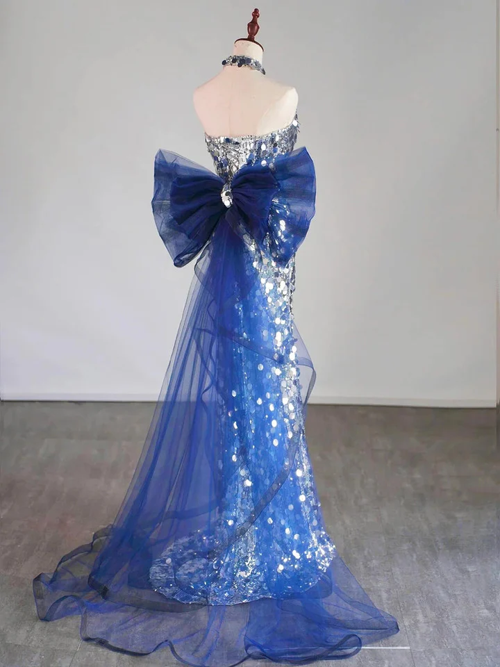Glitter Silver Sequins Long Evening Dress Mermaid Prom Dress With Bow