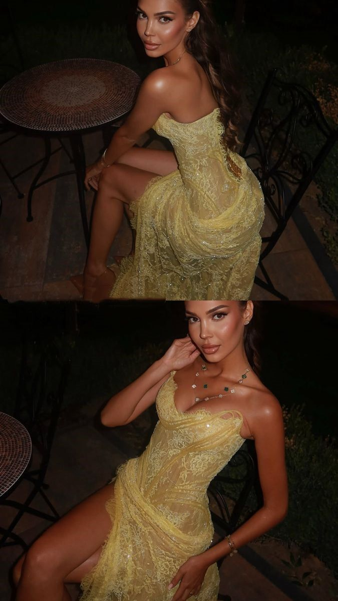 Mermaid Sweetheart Yellow Lace Slit Prom Dresses Long Party Dress