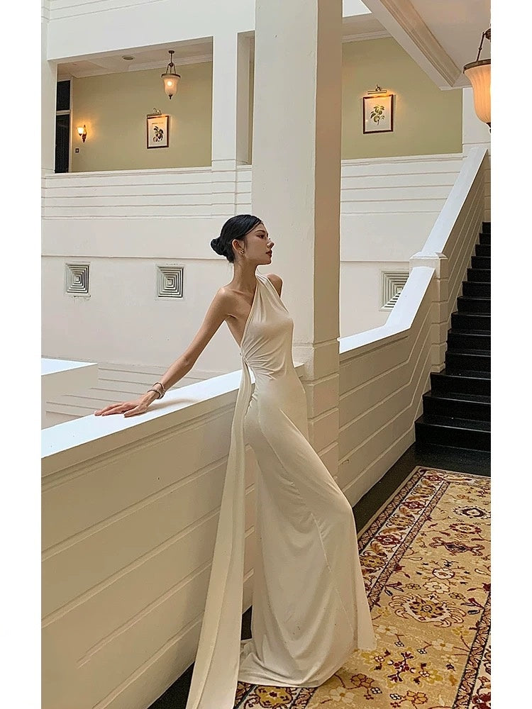 Mermaid One Shoulder Floor-length Sleeveless White Long Prom Dresses