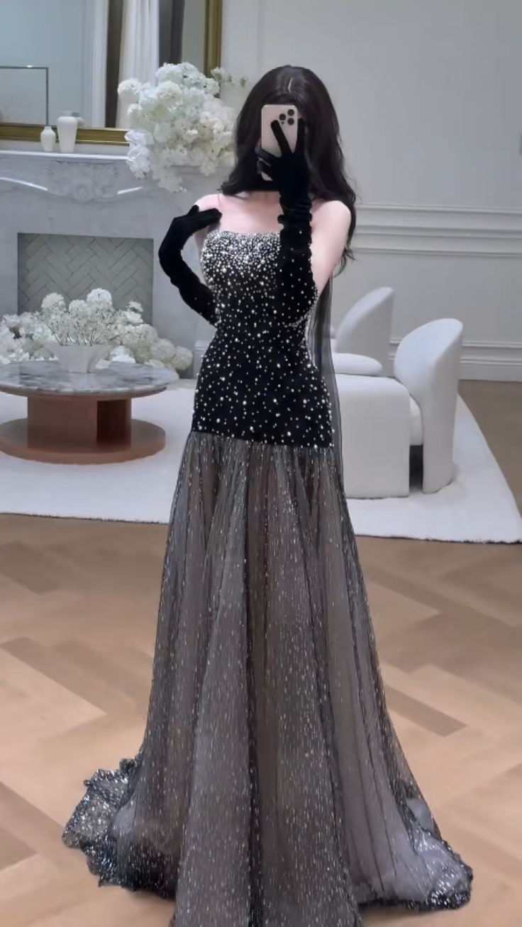 Gorgeous Black Strapless Tulle Beaded Mermaid Evening Dress Long Prom Dresses