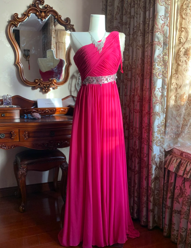 Pretty Rose Red One Shoulder Chiffon Pleated Beaded Evening Dress Long Wedding Guest Dress
