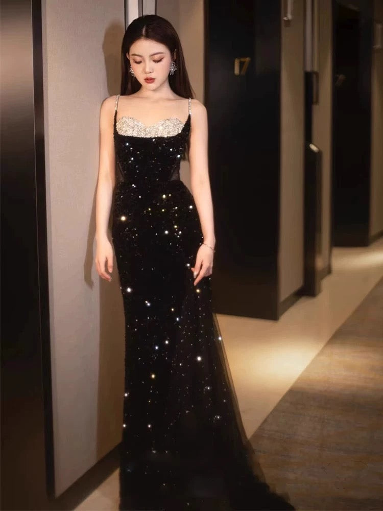 Elegant Mermaid Spaghetti Straps Black Sequin Long Prom Dresses Party Dress With Beads