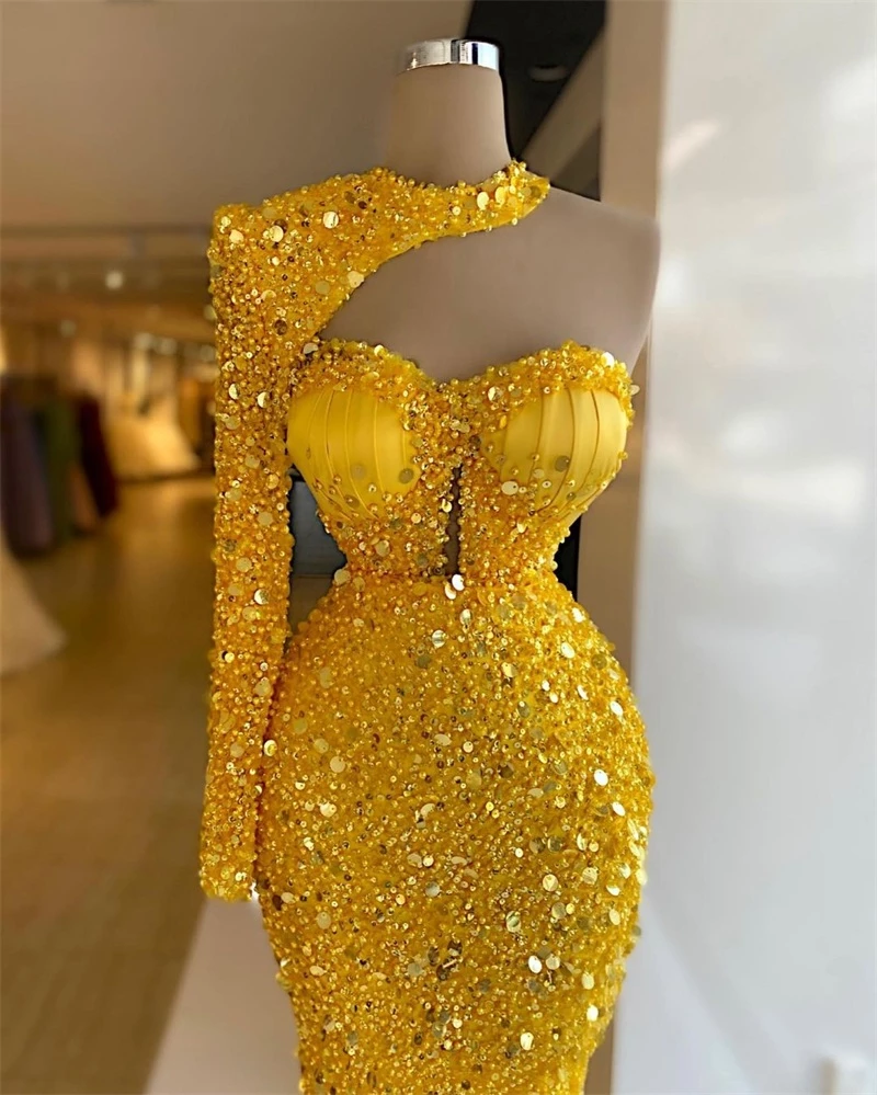 Yellow sequin mermaid long prom dress, sexy evening dress