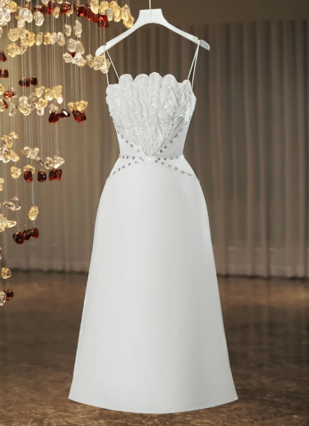 Classy White Spaghetti Straps Satin Beaded A Line Birthday Dress Party Dress