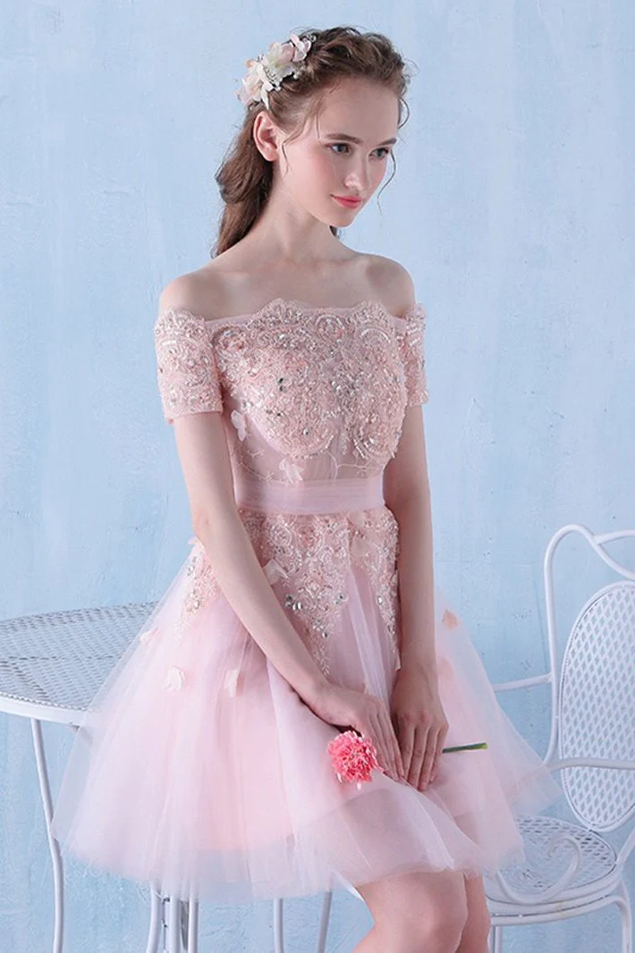 Pink Off the Shoulder Tulle Short Prom Dress with Beading, A Line Homecoming Dress