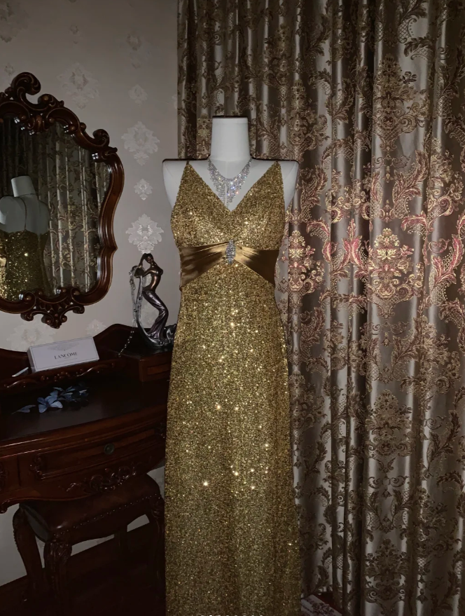 Glitter V Neck Sequin Beaded Gold Mermaid Party Dress Long Evening Dress