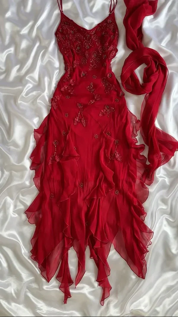 Fashion Chiffon Ruffles Beading Prom Dress Red Party Evening Dress